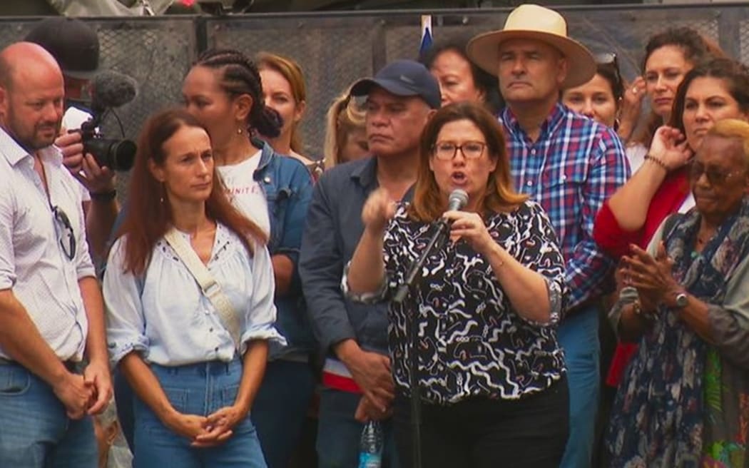 Southern Province President and pro-French Les Loyalistes party leader Sonia Backès speaks during a demonstration on Thursday 28 March 2024 in front of the Congress, Central Nouméa