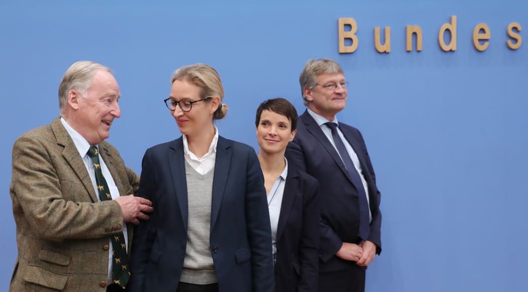 Alternative for Germany (AfD) senior figures, from left, Alexander Gauland, Alice Weidel, Frauke Petry and Jörg Meuthen at a media conference after winning its first federal parliamentary seats.