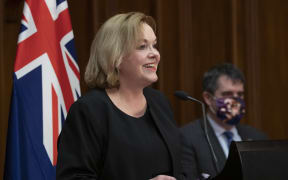 National Party leader Judith Collins, with Covid-19 spokesperson Chris Bishop in background, during their press conference at Parliament, Wellington, 28 September, 2021.