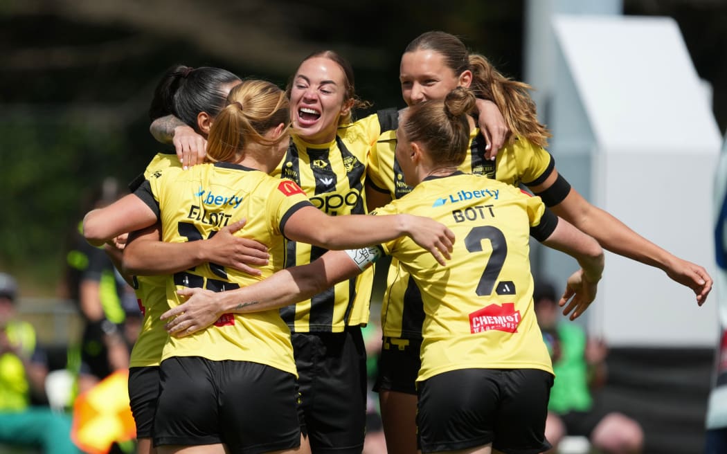 Wellington Phoenix players celebrate a goal during their 7-0 win over Sydney FC in a A-League women's match at Porirua Park, 20 December 2025. © Copyright image by Marty Melville / www.photosport.nz