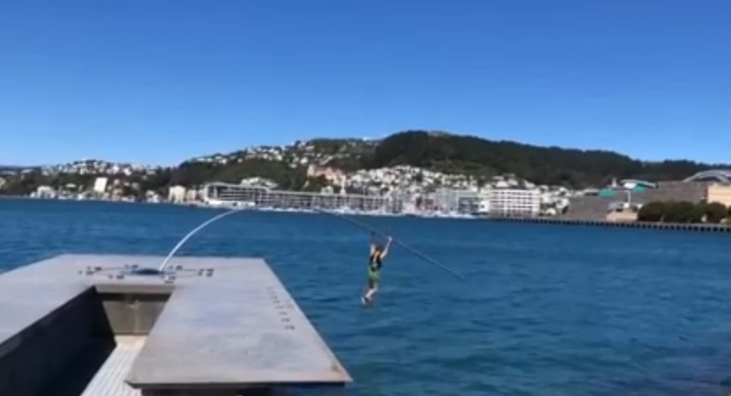 The Wellington waterfront sculpture by Len Lye was snapped by a man swinging from it.