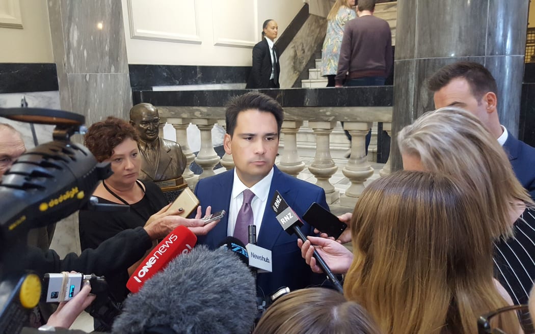 National leader Simon Bridges talks to media in the corridors of Parliament.