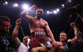 Joseph Parker celebrates victory following the WBC International & WBO Intercontinental Heavyweight title fight