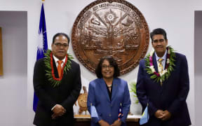 President Hilda Heine, middle, at her inauguration flanked by FSM's President Welsey Simina, left, and Palau's President Surangel Whipps Jr, right.