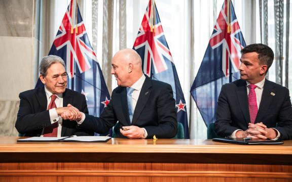 NZ First leader Winston Peters, National Party leader Christopher Luxon and ACT Party leader David Seymour at the formal signing ceremony on 24 November, 2023.