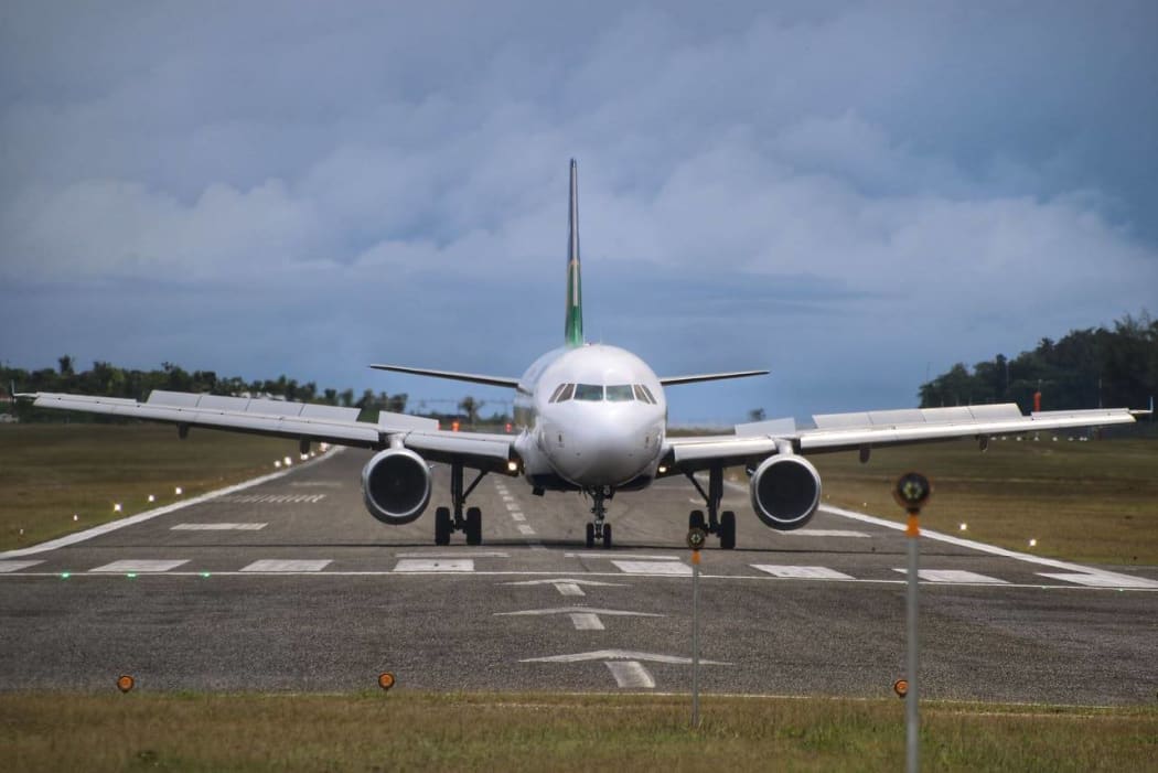 Solomon Airlines Airbus A320 lands at Munda airport, Western Province, Solomon Islands.