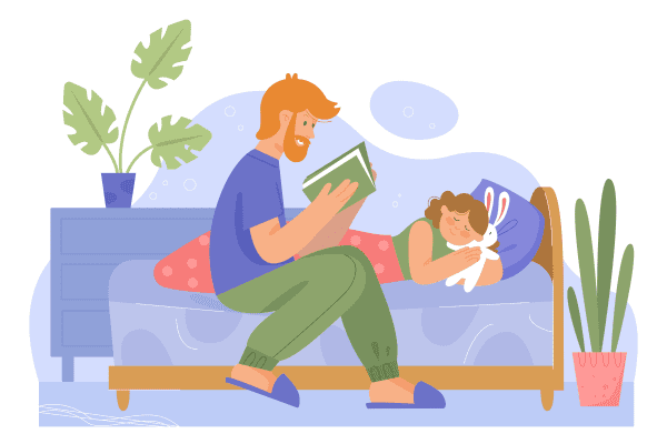 A graphic illustration showing a child being read to while lying on a bed cuddling a toy rabbit.