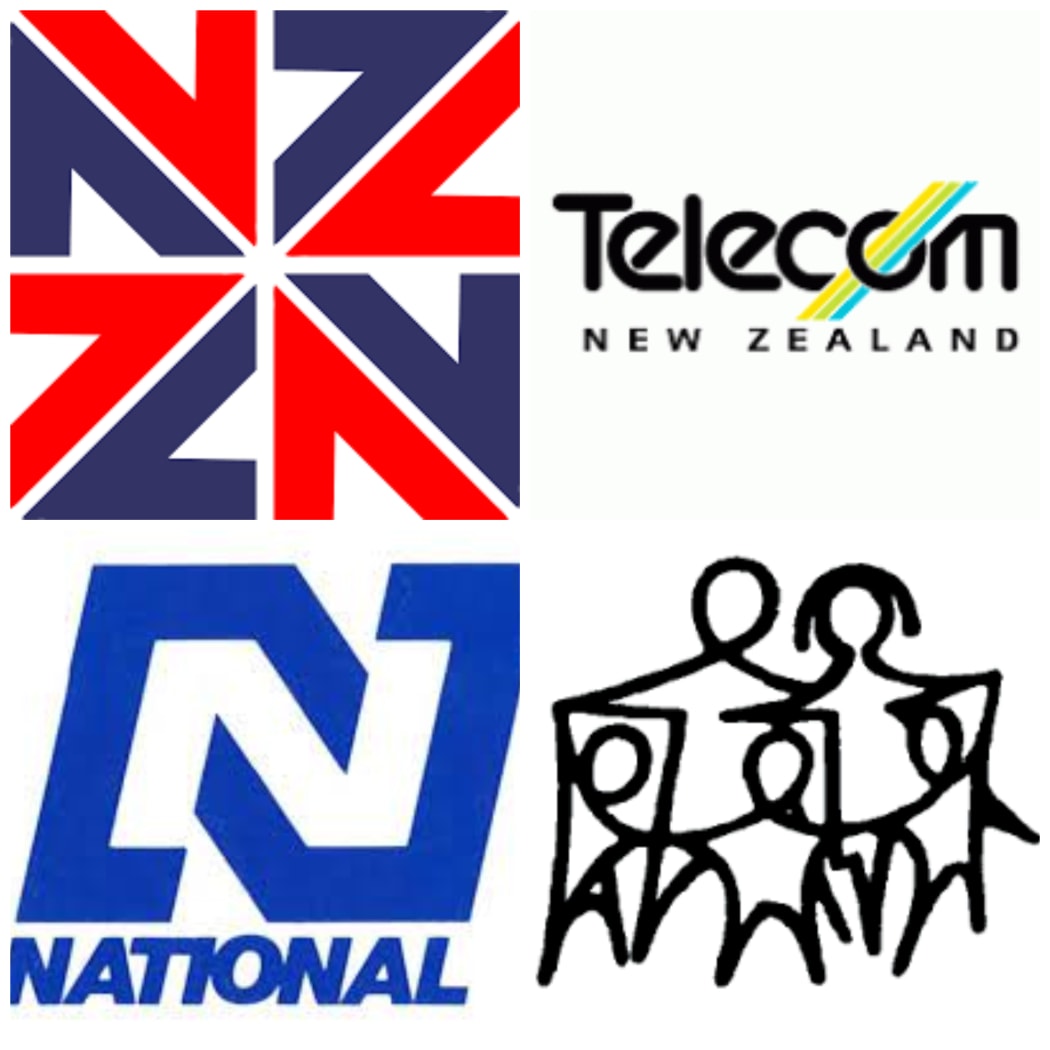 Some of the logos designed by Colin Simon, from top left clockwise, logos for the 1974 Commonwealth Games, Telecom, the National Party and Playcentre.
