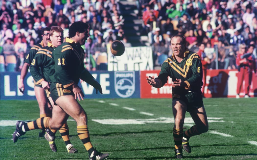 Wally Lewis passes to Mal Meninga during a Kanagaroos v Kiwis rugby league test in 1989.