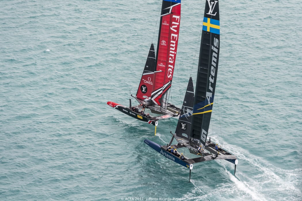 Team New Zealand racing Artemis in the Louis Vuitton America's Cup Challenger Playoffs Finals, Day 2.