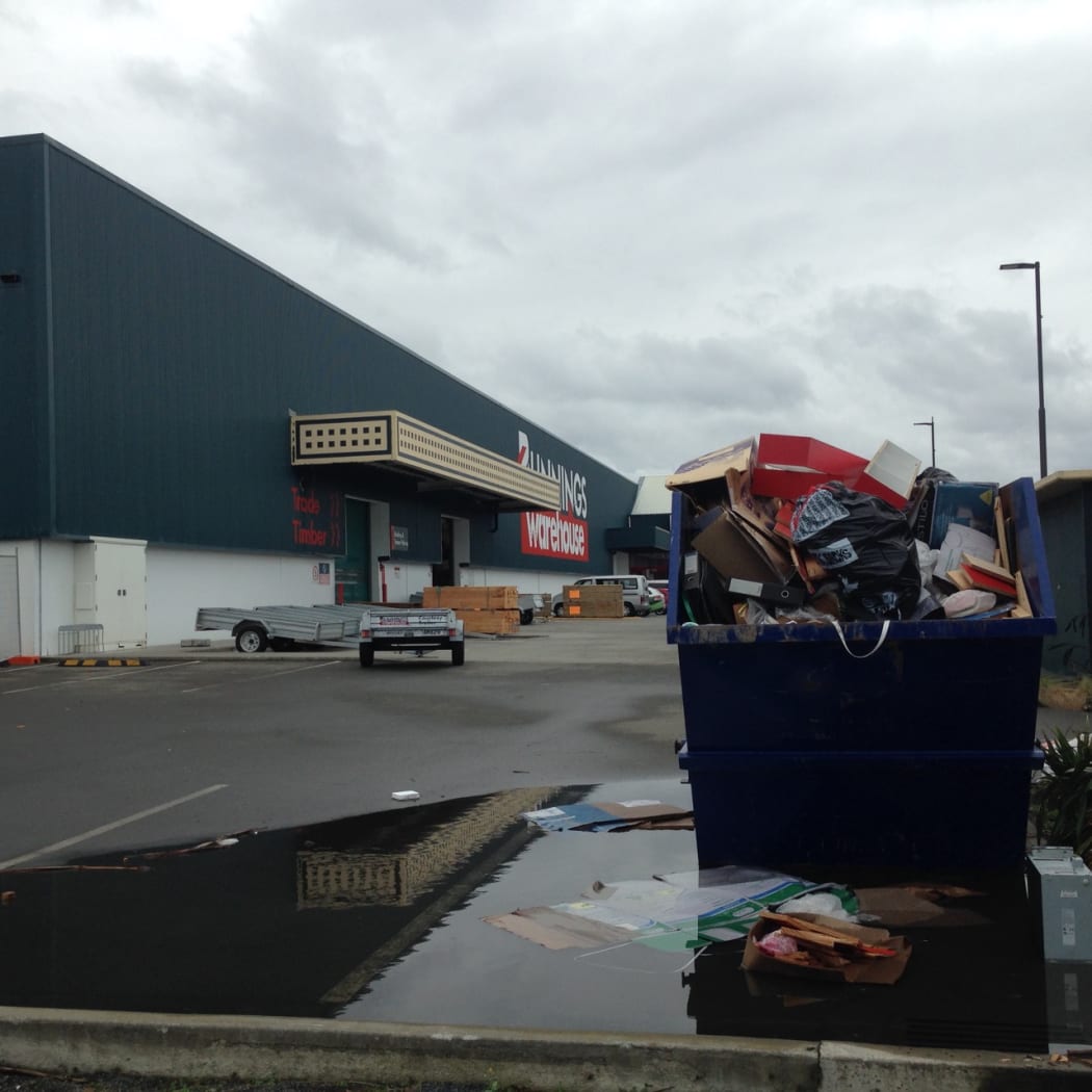 An overflowing skip bin at Bunnings in Lyall Bay.