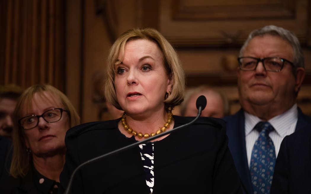 National Party leader Judith Collins addresses media alongside deputy leader Gerry Brownlee following the emergency caucus meeting on 14 July.