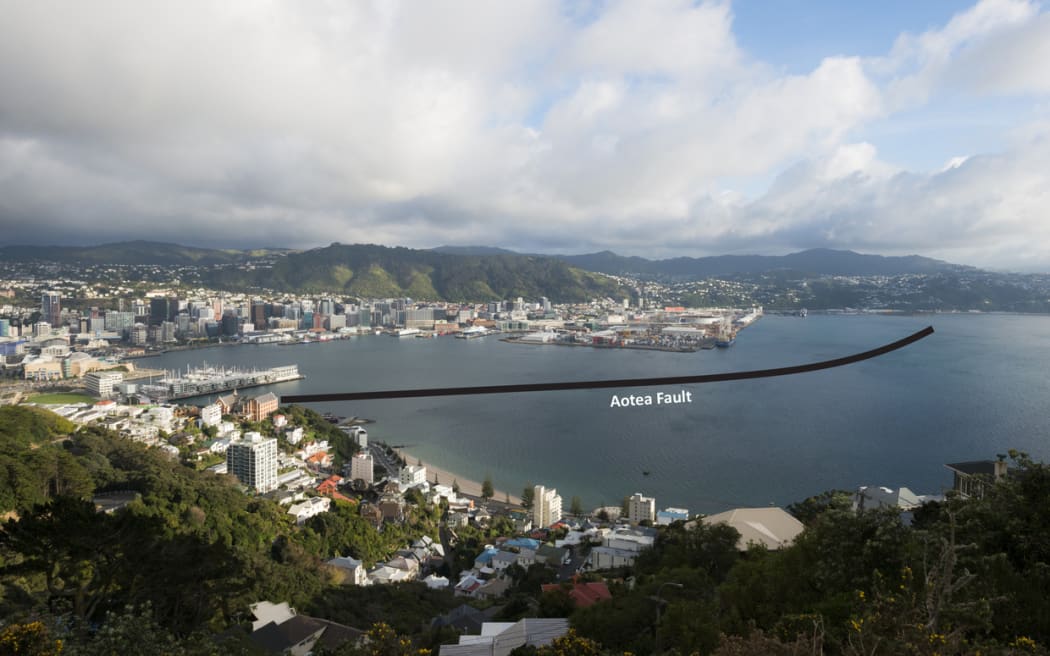 The black line shows the new fault found in Wellington Harbour, named the Aotea Fault.