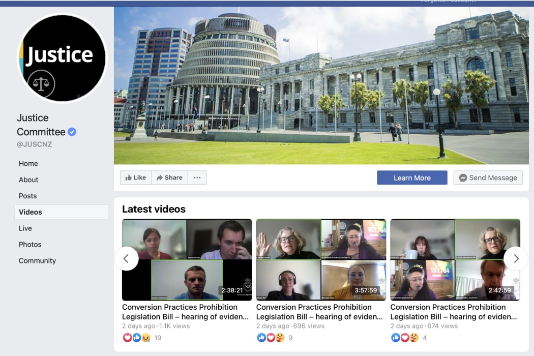Parliament's Justice Committee on Facebook showing a few of the recent sub-committee hearings into the conversion practices issue