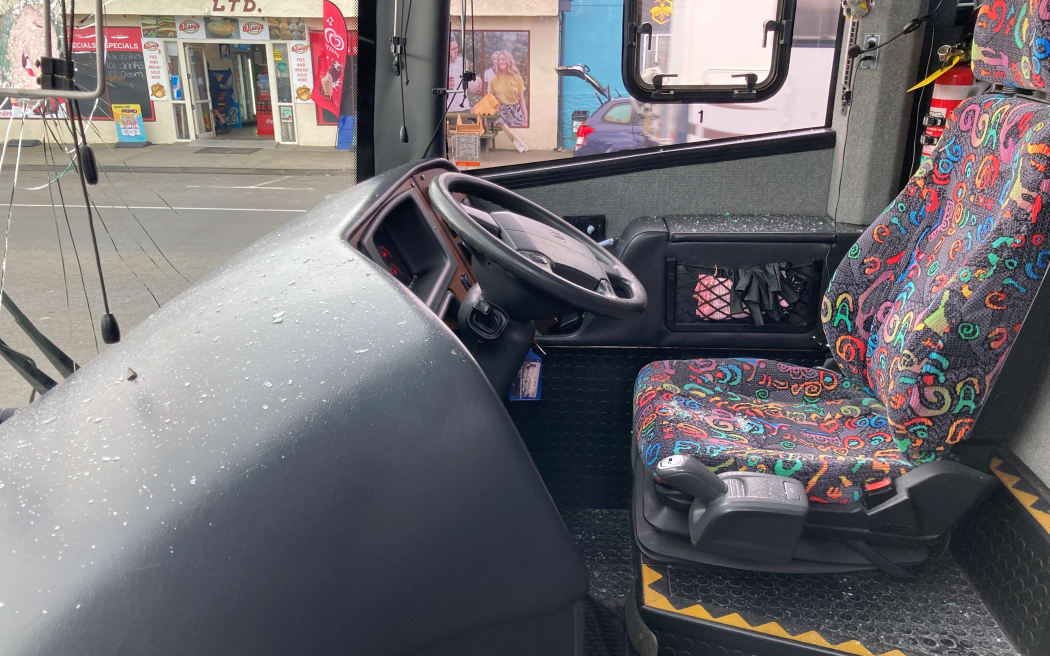 A rock was thrown through the windscreen of a bus while it was transporting passengers in Napier.