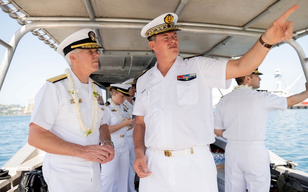 US Navy’s Seventh fleet commander, vice admiral  Karl Owen Thomas, left, and Commodore Geoffroy d’Andigné, commander of French Armed Forces in the Asia-Pacific, right, and French Polynesia, earlier this month in Tahiti.