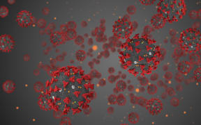 3D rendering, coronavirus cells covid-19 influenza flowing on grey gradient background as dangerous flu strain cases as a pandemic medical health risk concept of disease cells risk