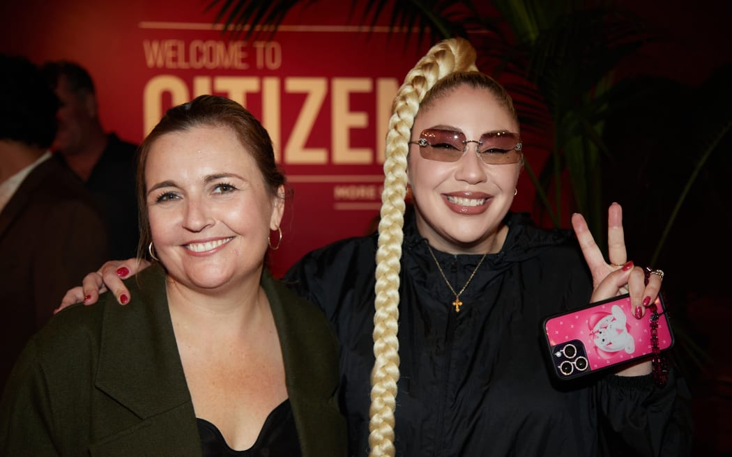 Theia Te Kaahu and RNZ's Charlotte Ryan at the Taite Music Prize in Auckland on 18 April, 2023.