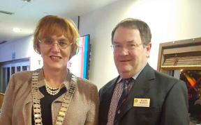 Queenstown Rotary Club president Monica Mulholland,right, with former president  Keith McIntosh.