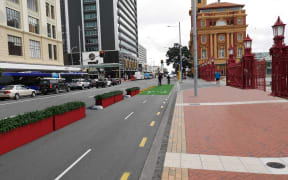 The temporary planter-box cycleway on Quay Street in Auckland