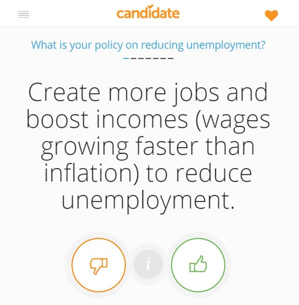 a screen shot of the candidate app, reading "create more jobs and boost incomes (wages growing faster than inflation) to reduce unemployment" with thumbs up and thumbs down images.