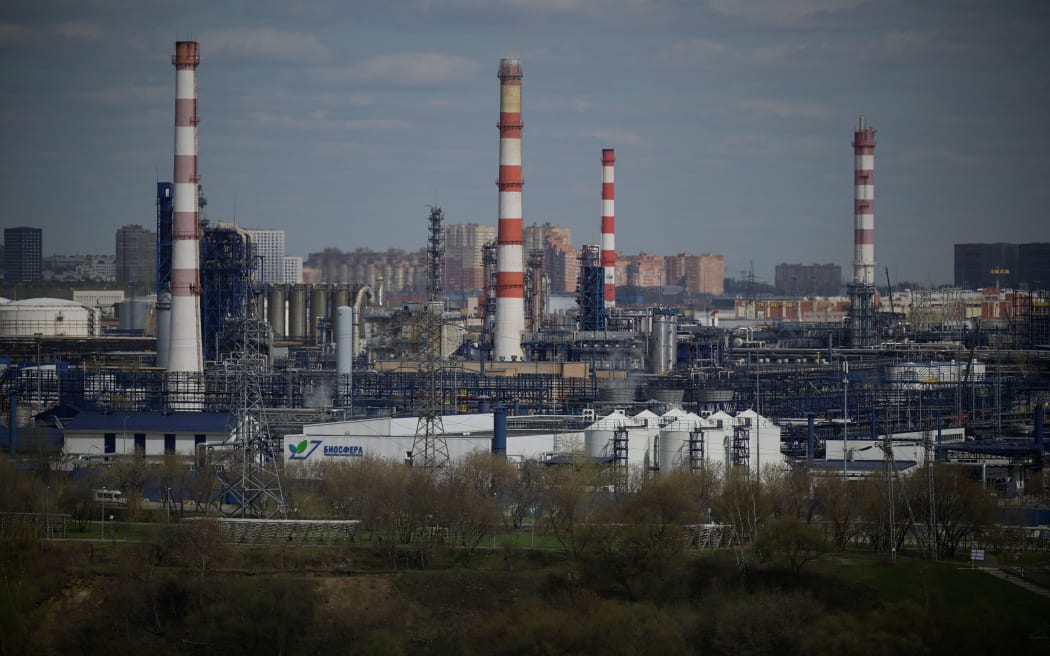 A view shows the Russian oil producer Gazprom Neft's Moscow oil refinery on the south-eastern outskirts of Moscow on April 28, 2022.