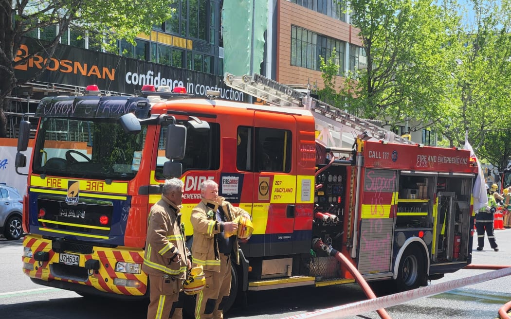 Fire fighters attending a fire at the Auckland City Mission on 22 October 2022.