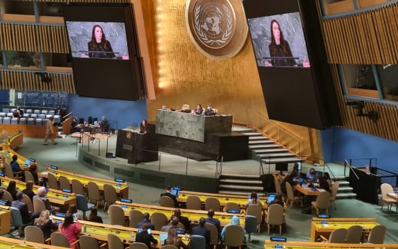 Jacinda Ardern making a speech to the UN General Assembly in New York on 24 September 2022.