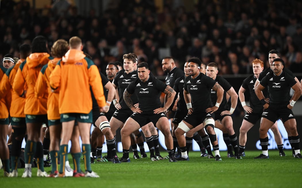 All Blacks players perform the HAKA during the New Zealand All Blacks v Australia Wallabies.