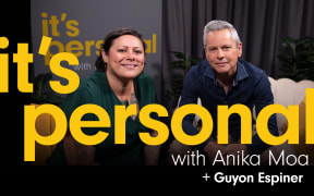 Photo of Anika Moa and guest smiling. They are sitting on the couches where the interview takes place. The podcast title ‘It’s Personal with Anika Moa ’ Is written Plus the guest’s name,
