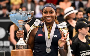 Coco Gauff of the USA celebrates winning her singles final over Elina Svitolina of Ukraine at the ASB Classic tennis tournament in Auckland.