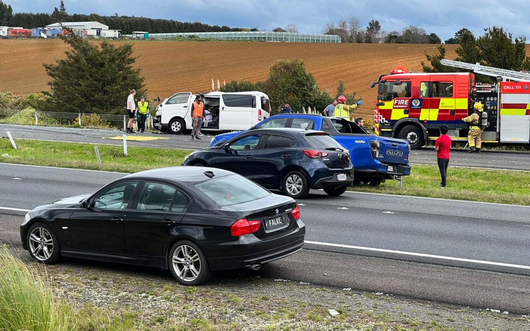 Emergency services at the scene of a horror crash on Auckland's State Highway 1 near Ramarama on 26 August 2024.