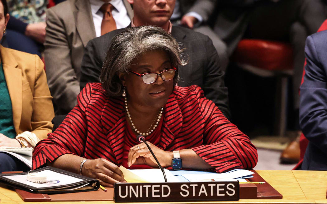 US Ambassador to the United Nations Linda Thomas-Greenfield speaks after a vote to approve a resolution that "demands" all sides in the Israel-Hamas conflict allow the "safe and unhindered delivery of humanitarian assistance at scale" at UN headquarters in New York on December 22, 2023. Russia and the United States, which both could have vetoed the much-delayed measure as permanent members of the council, abstained, meaning it passed with 13 votes in favor. (Photo by Charly TRIBALLEAU / AFP)