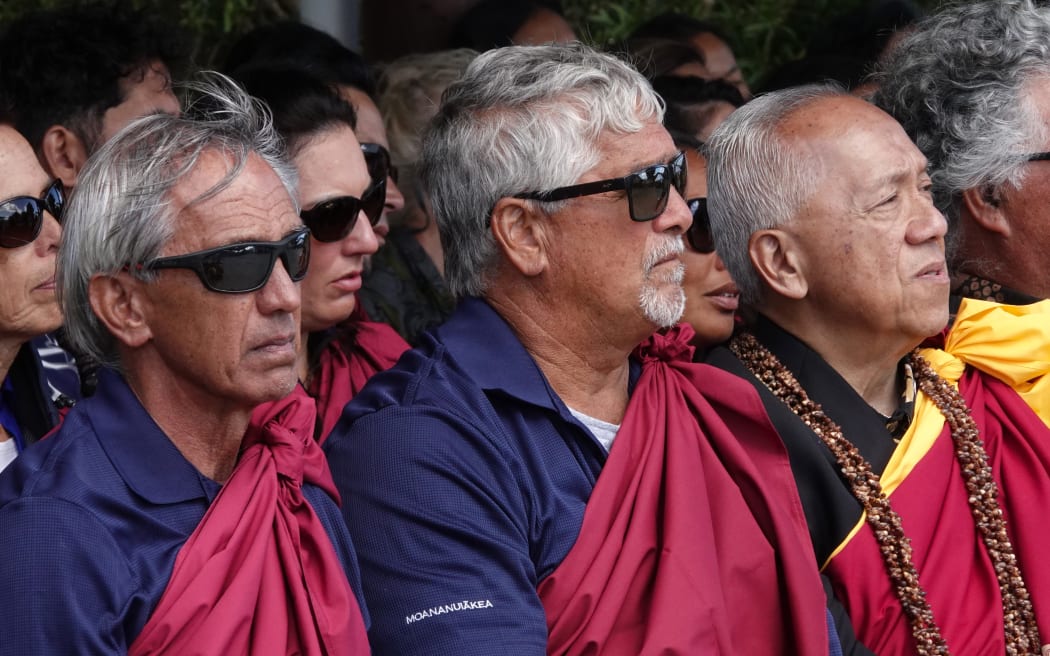 Listening to the speeches of welcome, from left, Polynesian Voyaging Society chief executive Nainoa Thompson, senior navigator Bruce Blankenfeld and Kamehameha Schools executive cultural director Randie Fong.