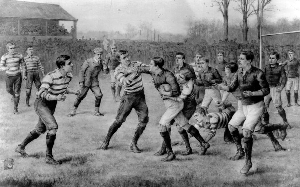 An early artist's impression of a rugby match.