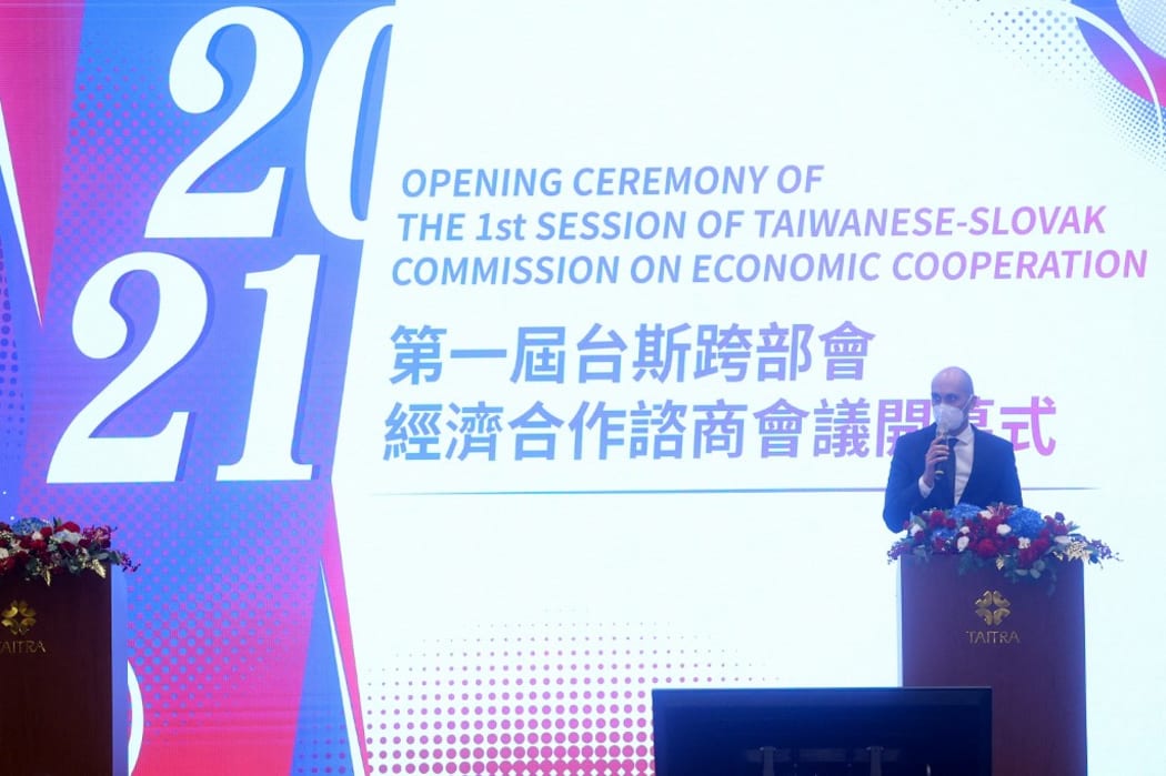 This picture taken and released by Taiwans Central News Agency (CNA) on December 6, 2021 shows Karol Galek, Slovakia's State Cecretary of the Ministry of Economy, speaking during the first session of Taiwanese-Slovak Commission on Economic Cooperation in Taipei.