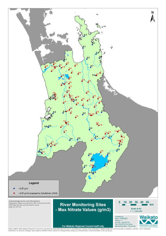 A seasonal map of Waikato wells showing maximum nitrate levels.
