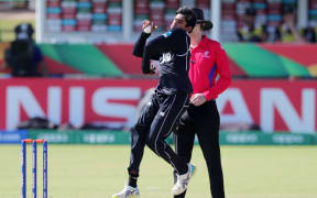 Adithya Ashok of New Zealand bowls during the 2020 ICC U19 Cricket World Cup semi final match between New Zealand and Bangladesh at JB Marks Oval, Potchefstroom on 06 February 2020.