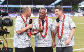 Fauono Ken Laban (c) with Jeff Wilson and John Campbell during the Manu Samoa vs All Blacks test in Apia in 2015.