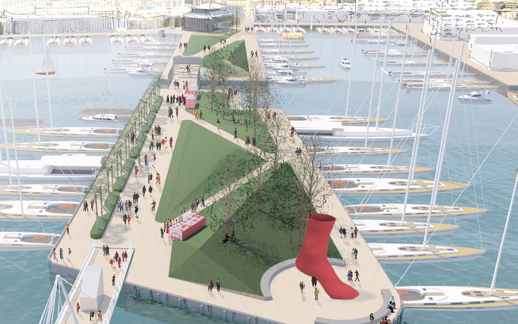 Architects drawing of moorings and a park and a red sock statue