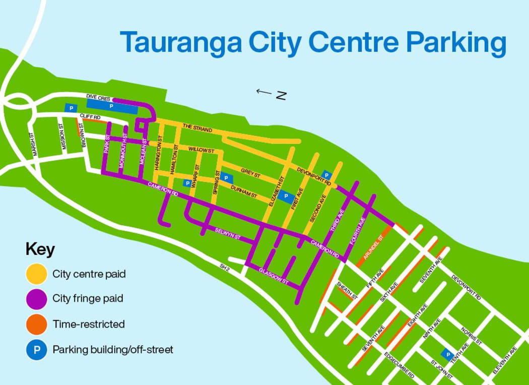 A map showing the new paid parking and time limited zones in Tauranga, scheduled to apply from 18 August, 2025.