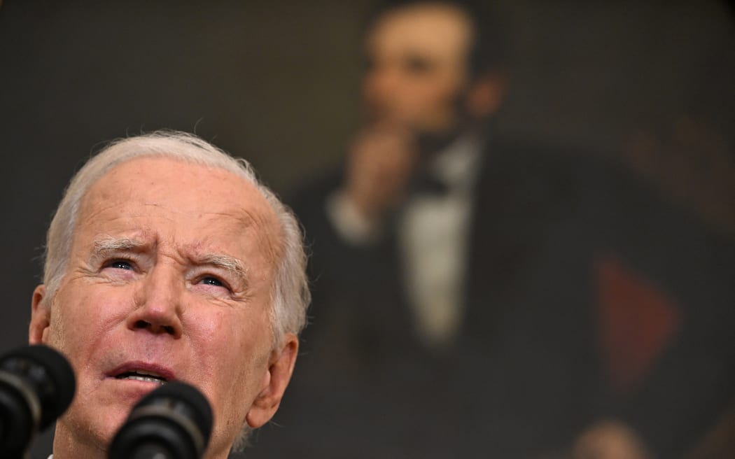US President Joe Biden addresses the terrorist attacks in Israel from the State Dining Room of the White House in Washington, DC, on October 7, 2023. Palestinian militant group Hamas launched a surprise large-scale attack against Israel Saturday, firing thousands of rockets from Gaza and sending fighters to kill or abduct people as Israel retaliated with devastating air strikes. (Photo by Jim WATSON / AFP)