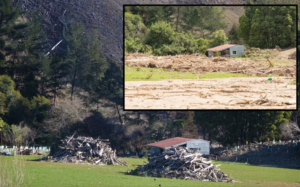 House with logs before February 2018 in inset picture and after the cyclone.