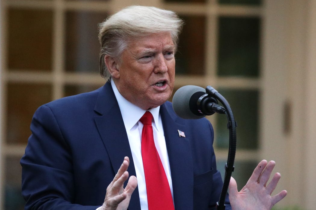 WASHINGTON, DC - APRIL 14: U.S. President Donald Trump speaks during the daily briefing of the White House Coronavirus Task Force in the Rose Garden at the White House April 14, 2020 in Washington, DC. President Trump announced that he is halting funding for World Health Organization WHO.