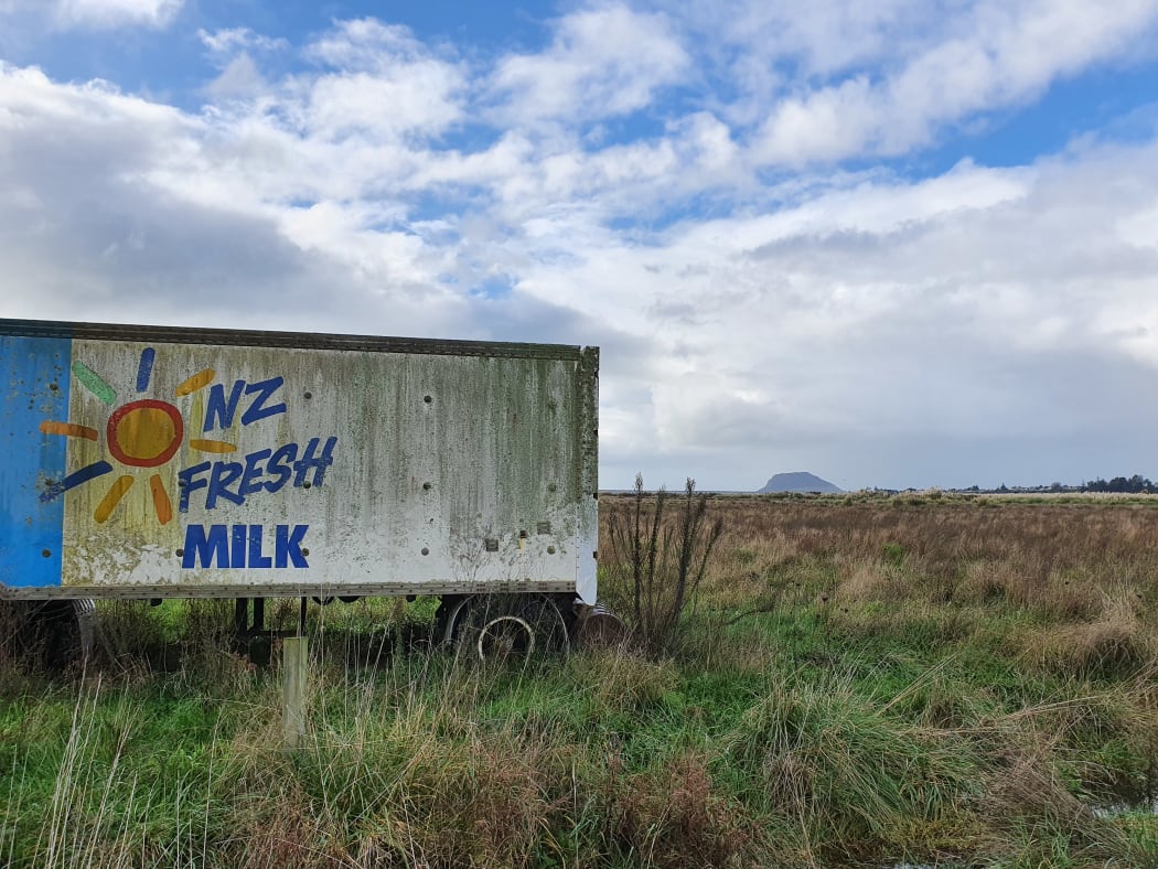 Old trailer standing in a field in Bay of Plenty with Mt Maunganui in the distance