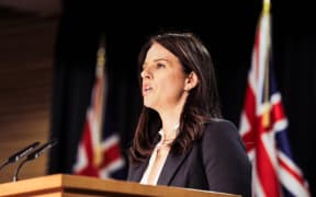 Erica Stanford speaking at a press conference on Wednesday.