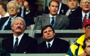 Coaches Alex Wyllie and John Hart watch on during an All Blacks match at the rugby union World Cup, 1991. Photo: Andrew Cornaga/PHOTOSPORT