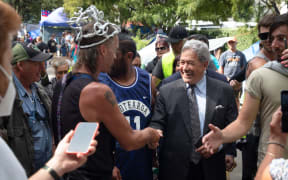Winston Peters visits protestors at Parliament