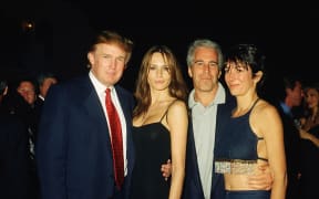 From left, American real estate developer Donald Trump and his girlfriend (and future wife), former model Melania Knauss, financier (and future convicted sex offender) Jeffrey Epstein, and British socialite Ghislaine Maxwell pose together at the Mar-a-Lago club, Palm Beach, Florida, February 12, 2000. (Photo by Davidoff Studios/Getty Images)