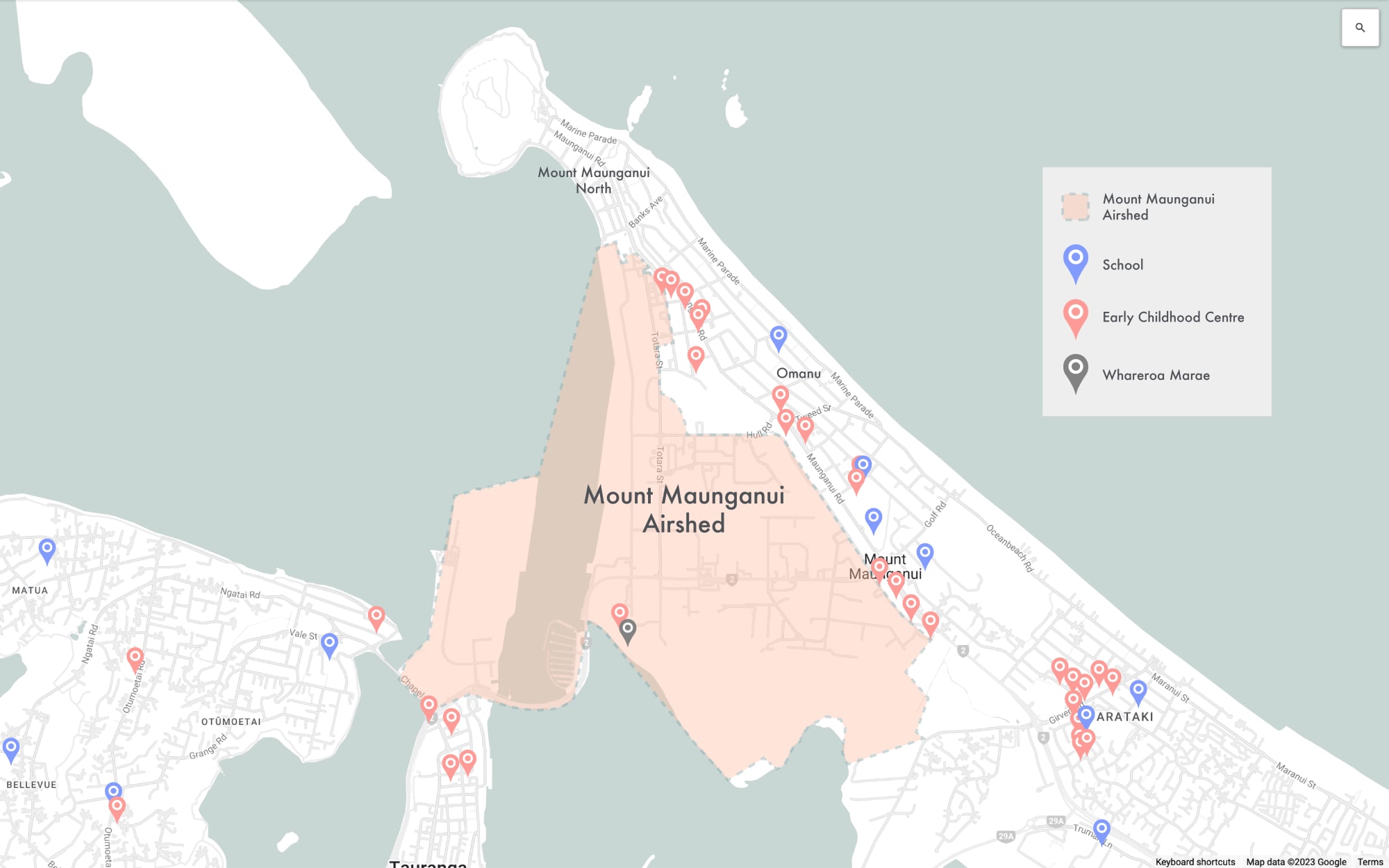 Map of Mount Maunganui Airshed and proximity to schools, early childcare centres, and Whareroa Marea